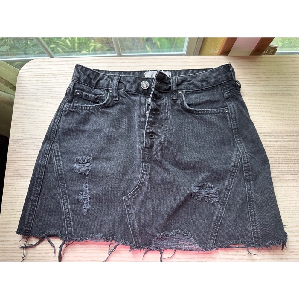 We The Free Free People Black Distressed Denim Mini Skirt Button Fly Size‎ 25